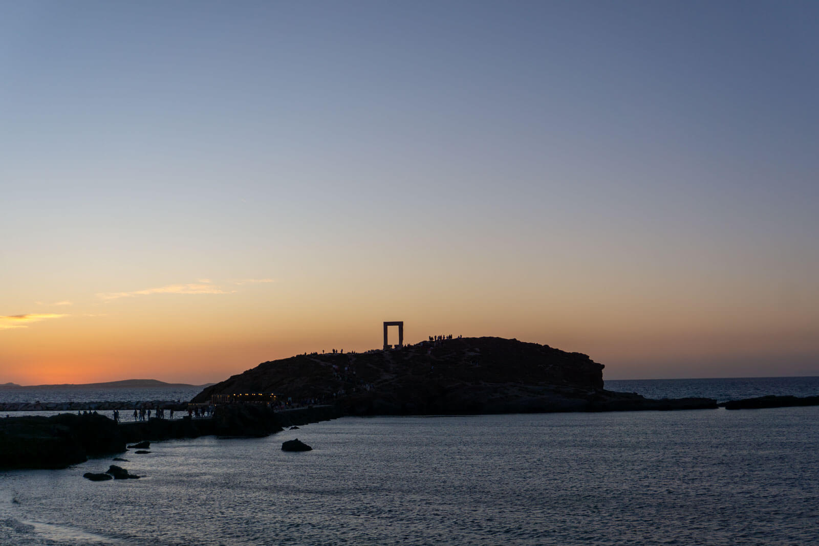 The views of Portara in Naxos after sunset