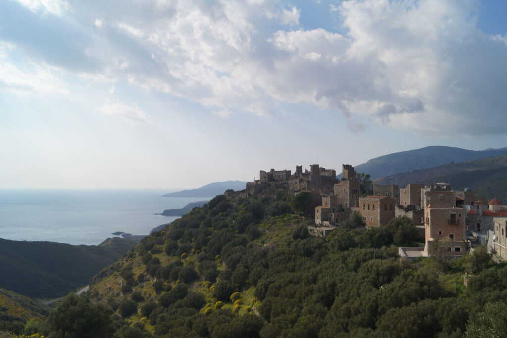 The Vatheia Castle in the Peloponnese during sunset