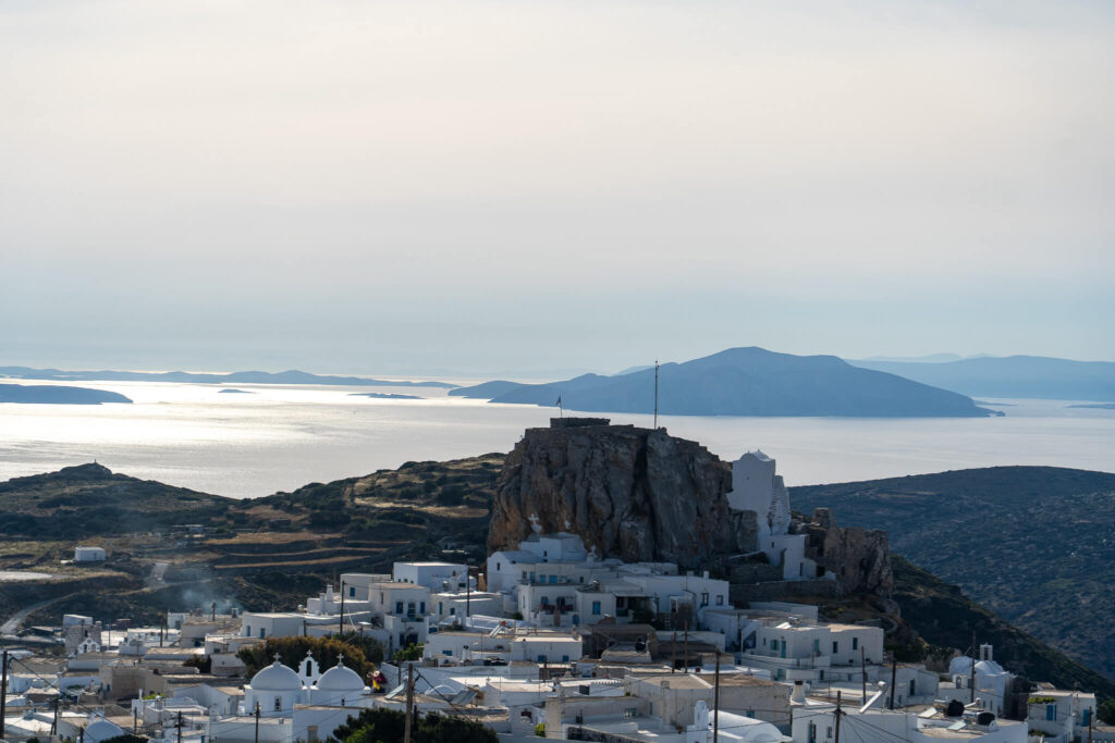 Panoramic view of the town of Amorgos at sunset